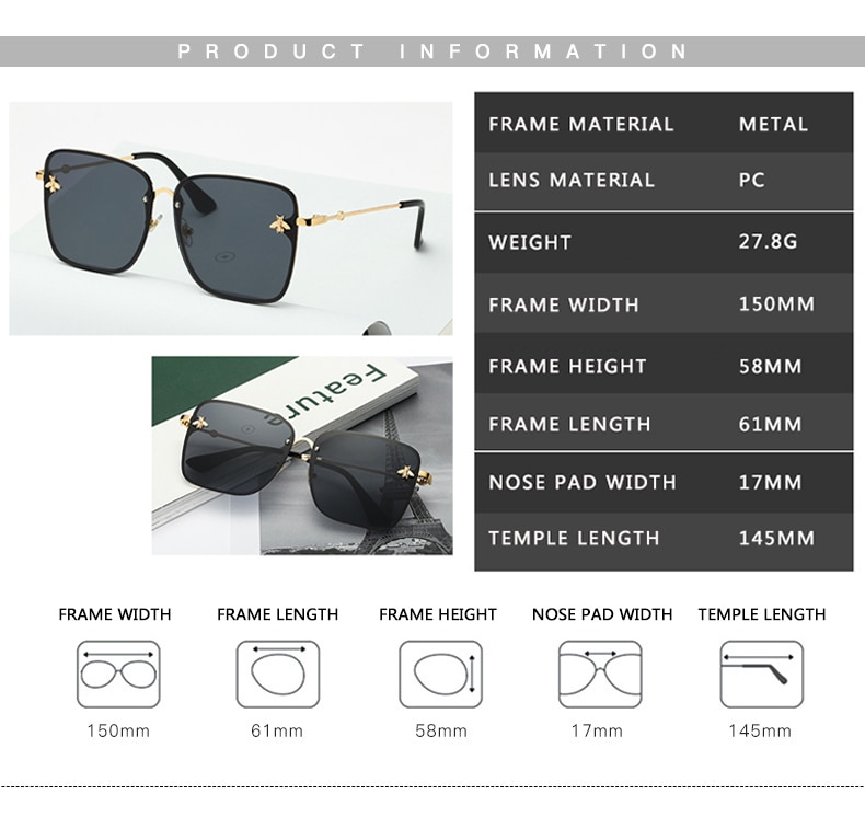 2020-New-Fashion-Lady-Oversize-Rimless-Square-Bee-Sunglasses-Women-Men-Small-Bee-Glasses-Gradient-Sun-3
